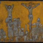 Crucifixion With Muscleman - pencil, gouache, gold acrylic on board