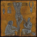 Crucifixion With Seated Figures - pencil, gouache, gold watercolour on board