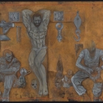 Crucifixion With Soldies: Crown of Thorns - pencil, gouache, gold acrylic on board